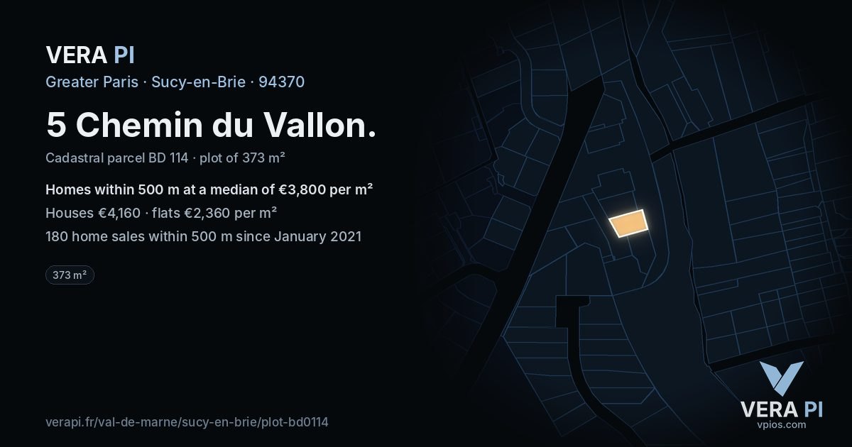 5 Chemin du Vallon, Sucy-en-Brie at night – the plot lit, the parcels around coloured by the prices near them