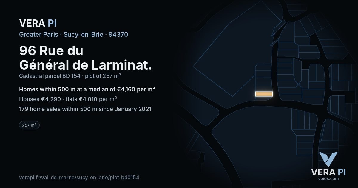 96 Rue du Général de Larminat, Sucy-en-Brie at night – the plot lit, the parcels around coloured by the prices near them