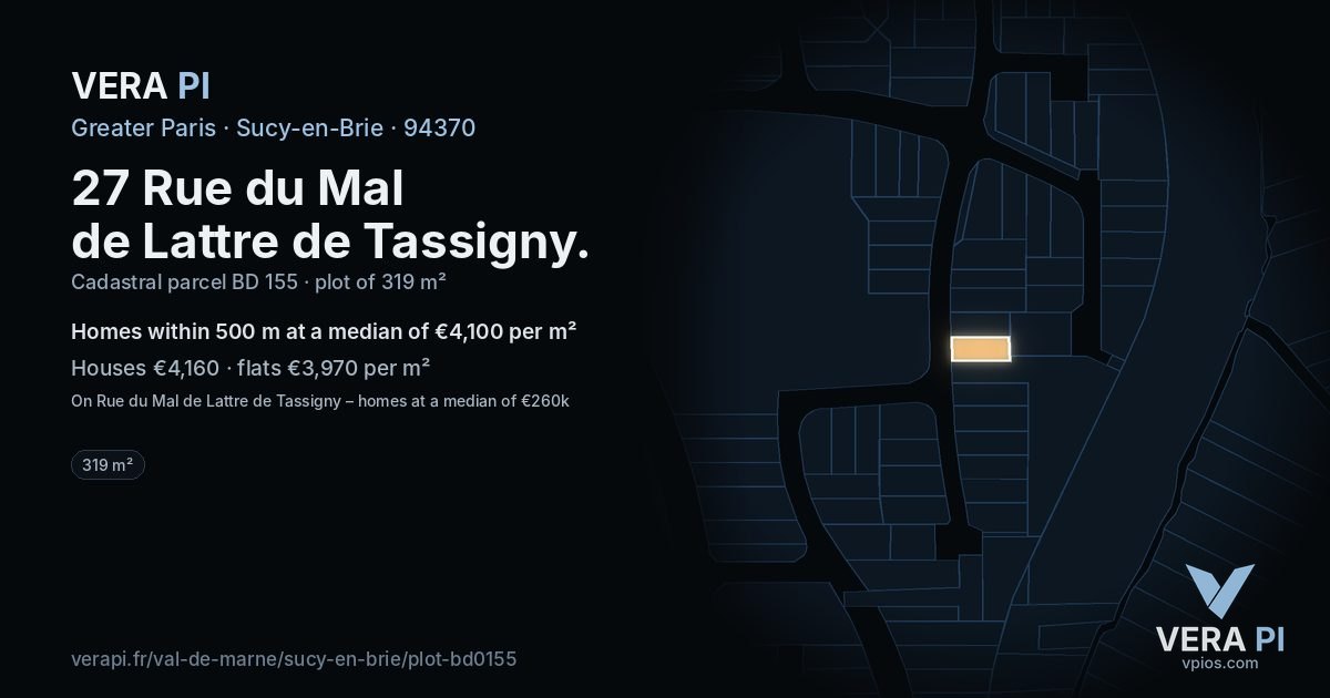 27 Rue du Mal de Lattre de Tassigny, Sucy-en-Brie at night – the plot lit, the parcels around coloured by the prices near them