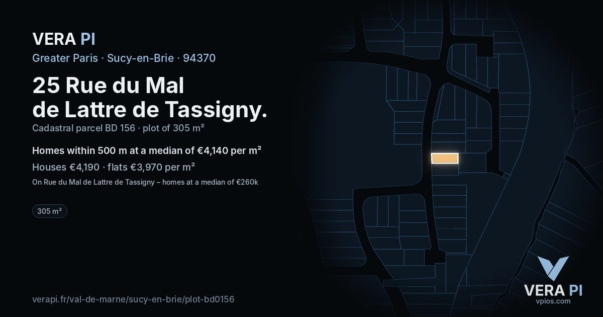 25 Rue du Mal de Lattre de Tassigny, Sucy-en-Brie at night – the plot lit, the parcels around coloured by the prices near them