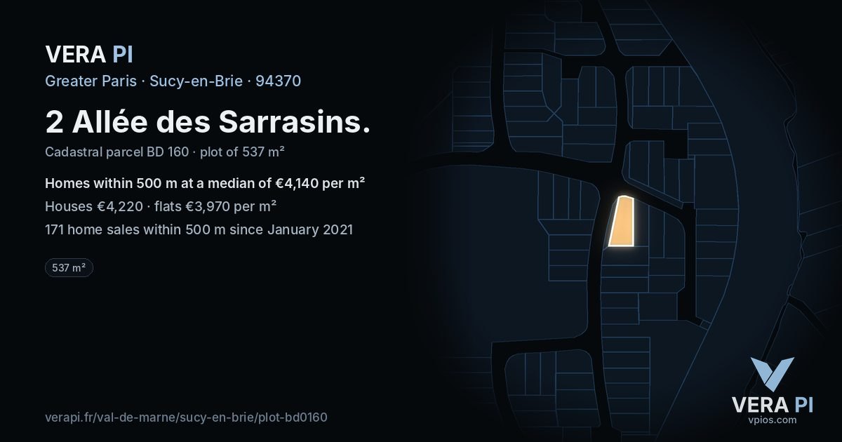 2 Allée des Sarrasins, Sucy-en-Brie at night – the plot lit, the parcels around coloured by the prices near them