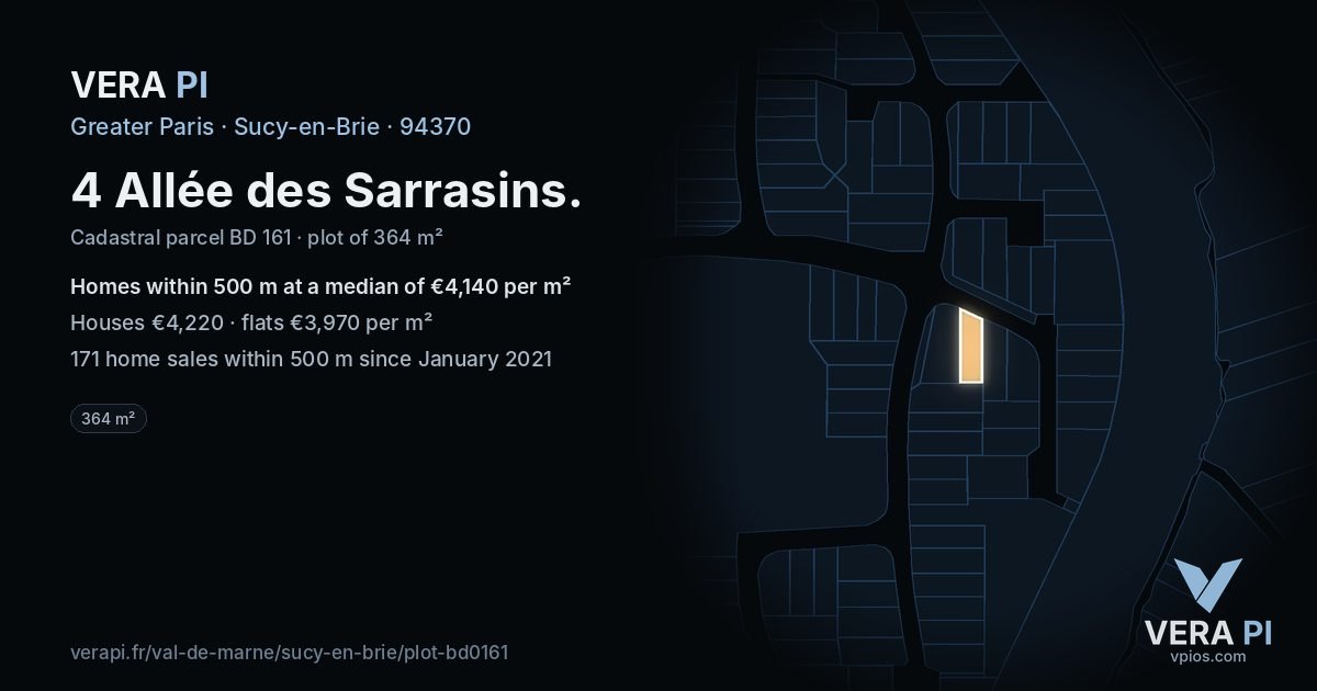 4 Allée des Sarrasins, Sucy-en-Brie at night – the plot lit, the parcels around coloured by the prices near them