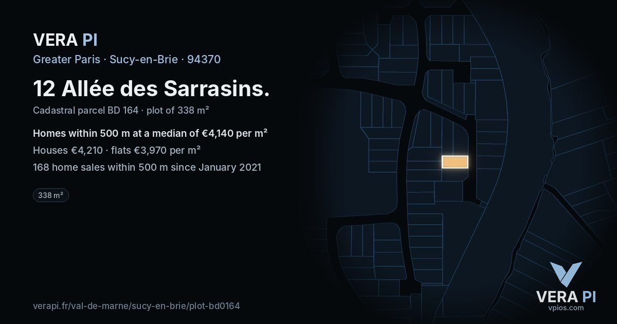 12 Allée des Sarrasins, Sucy-en-Brie at night – the plot lit, the parcels around coloured by the prices near them