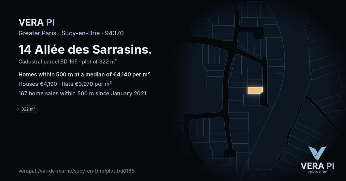 14 Allée des Sarrasins, Sucy-en-Brie at night – the plot lit, the parcels around coloured by the prices near them