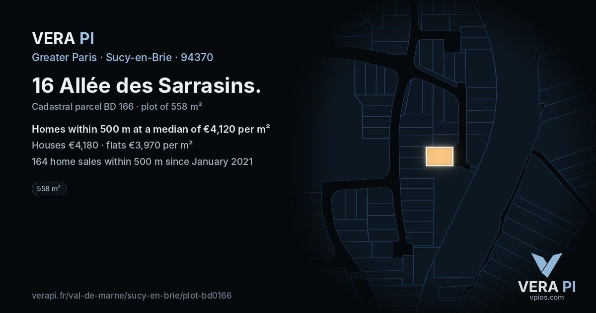 16 Allée des Sarrasins, Sucy-en-Brie at night – the plot lit, the parcels around coloured by the prices near them