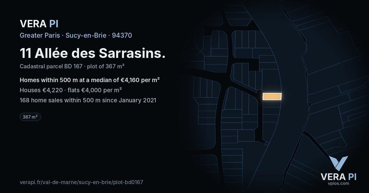 11 Allée des Sarrasins, Sucy-en-Brie at night – the plot lit, the parcels around coloured by the prices near them