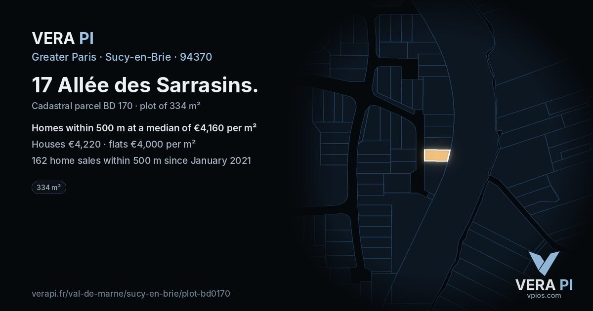 17 Allée des Sarrasins, Sucy-en-Brie at night – the plot lit, the parcels around coloured by the prices near them