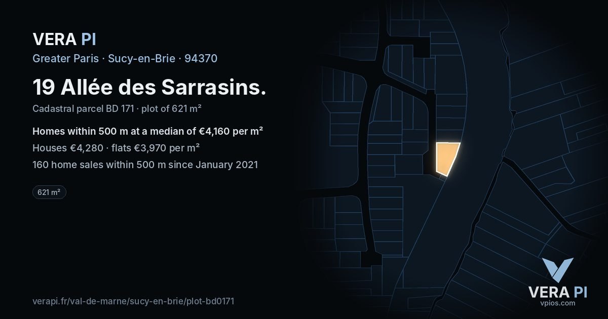19 Allée des Sarrasins, Sucy-en-Brie at night – the plot lit, the parcels around coloured by the prices near them