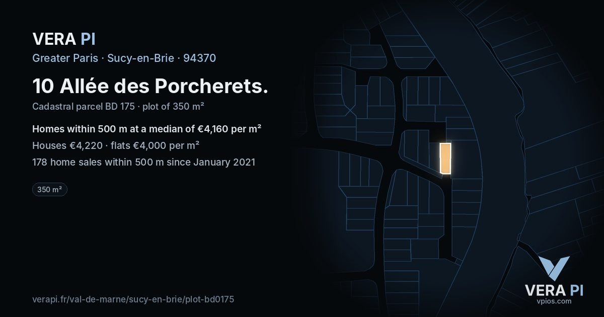 10 Allée des Porcherets, Sucy-en-Brie at night – the plot lit, the parcels around coloured by the prices near them
