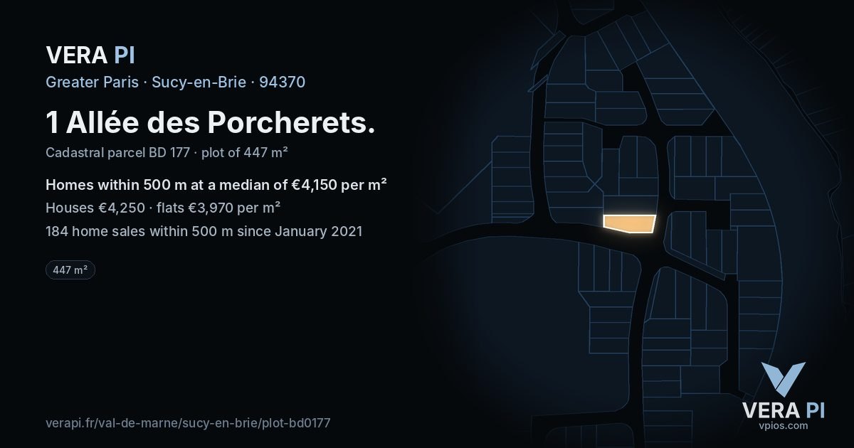 1 Allée des Porcherets, Sucy-en-Brie at night – the plot lit, the parcels around coloured by the prices near them