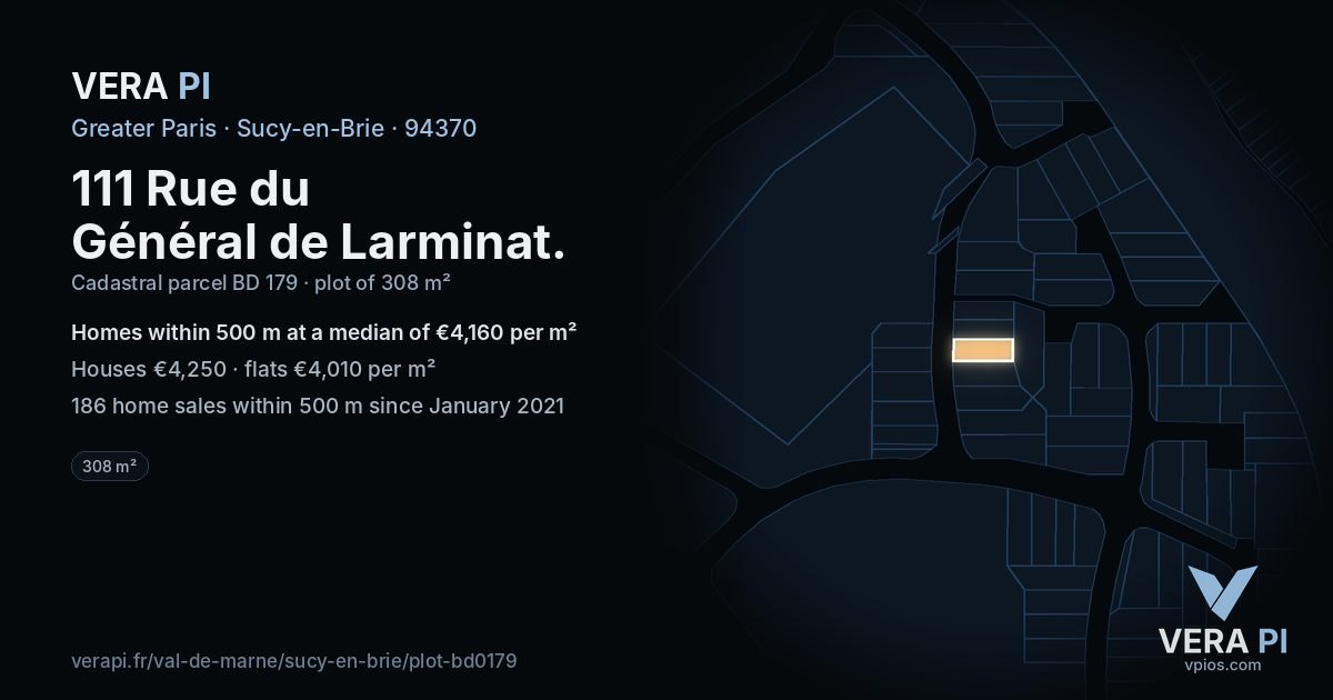 111 Rue du Général de Larminat, Sucy-en-Brie at night – the plot lit, the parcels around coloured by the prices near them