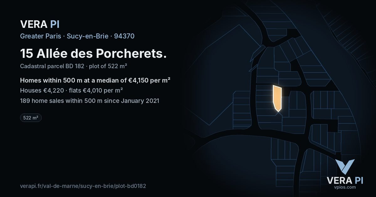 15 Allée des Porcherets, Sucy-en-Brie at night – the plot lit, the parcels around coloured by the prices near them