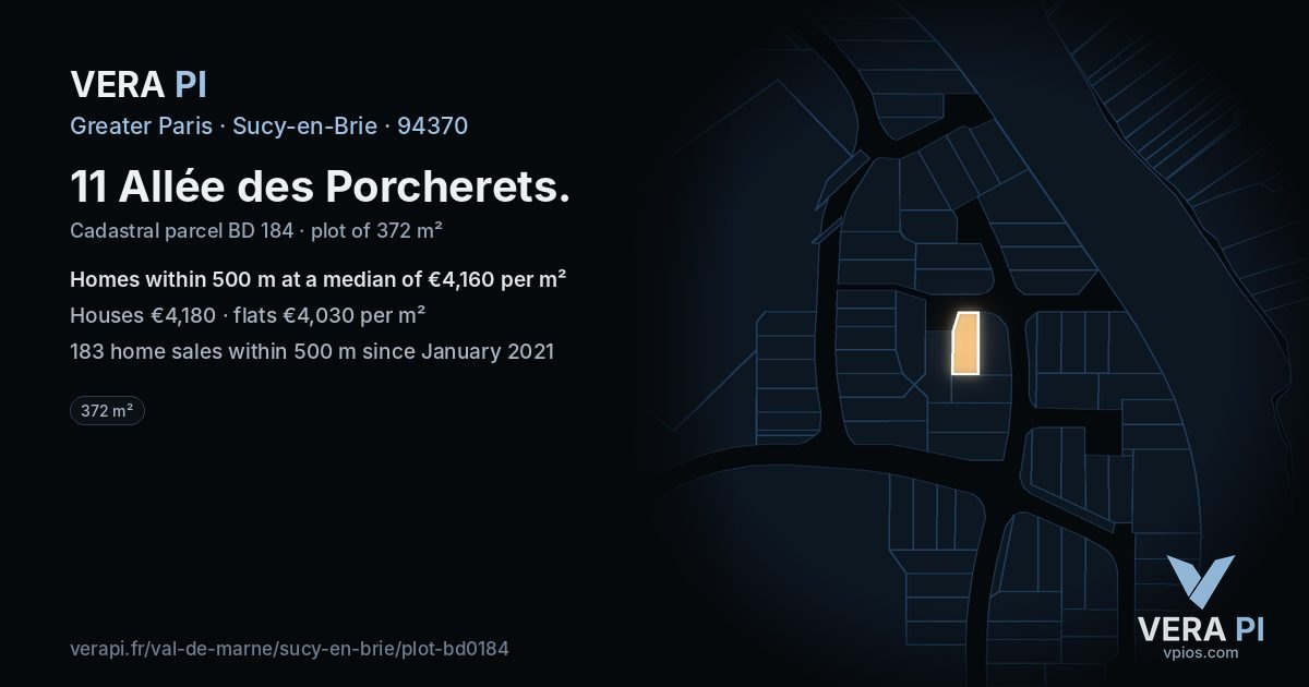 11 Allée des Porcherets, Sucy-en-Brie at night – the plot lit, the parcels around coloured by the prices near them