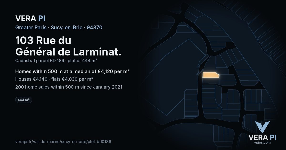 103 Rue du Général de Larminat, Sucy-en-Brie at night – the plot lit, the parcels around coloured by the prices near them