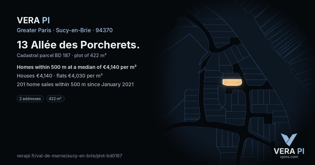 13 Allée des Porcherets, Sucy-en-Brie at night – the plot lit, the parcels around coloured by the prices near them