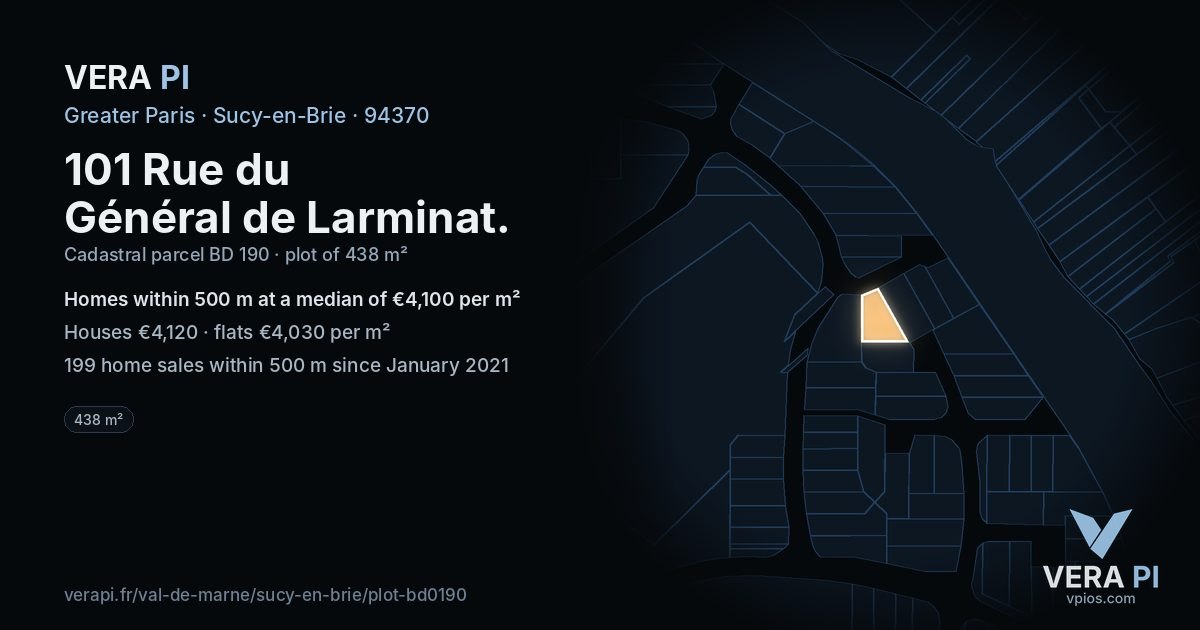 101 Rue du Général de Larminat, Sucy-en-Brie at night – the plot lit, the parcels around coloured by the prices near them