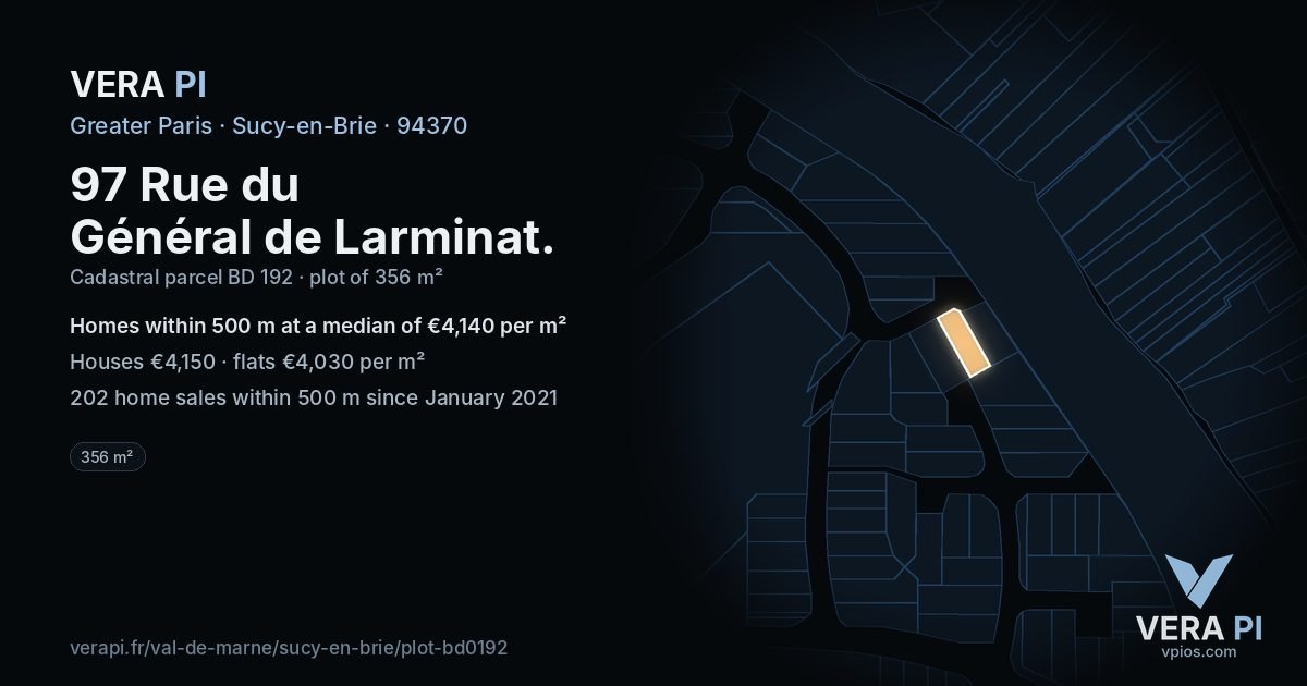 97 Rue du Général de Larminat, Sucy-en-Brie at night – the plot lit, the parcels around coloured by the prices near them