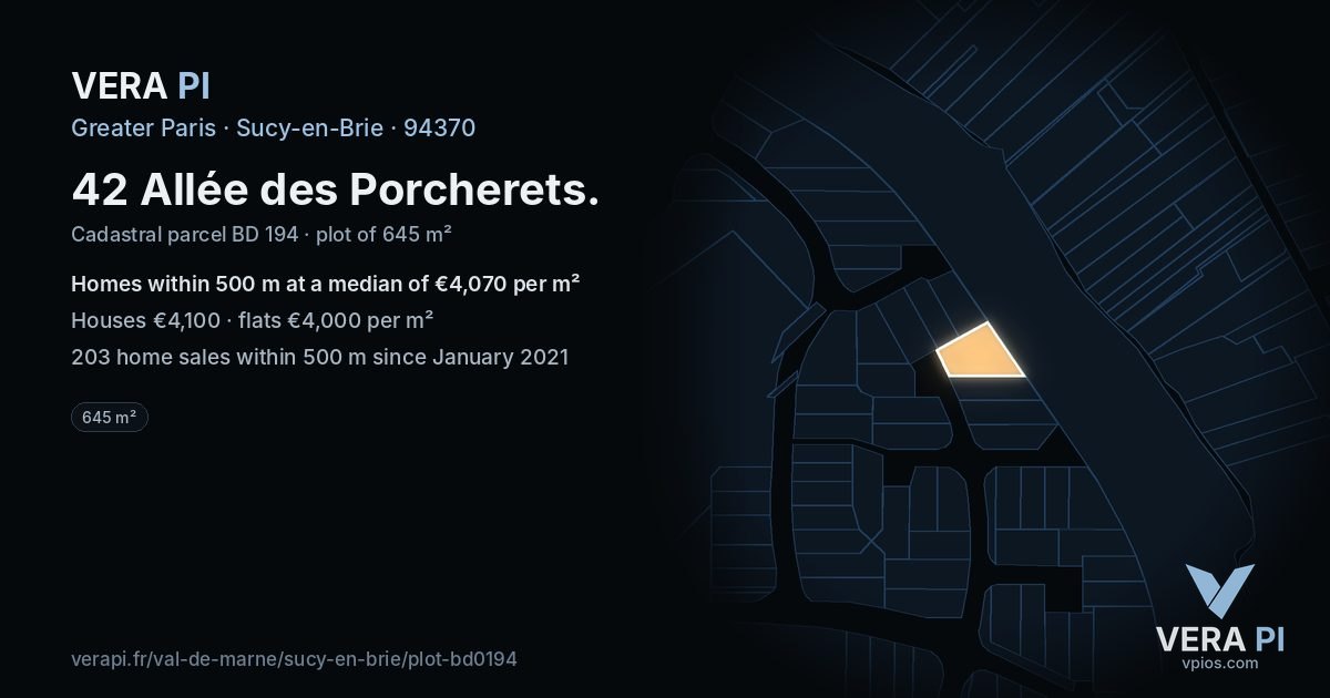 42 Allée des Porcherets, Sucy-en-Brie at night – the plot lit, the parcels around coloured by the prices near them