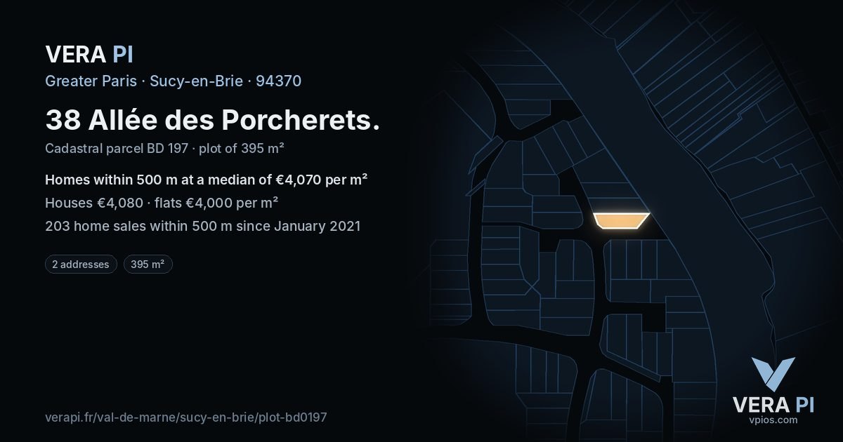 38 Allée des Porcherets, Sucy-en-Brie at night – the plot lit, the parcels around coloured by the prices near them