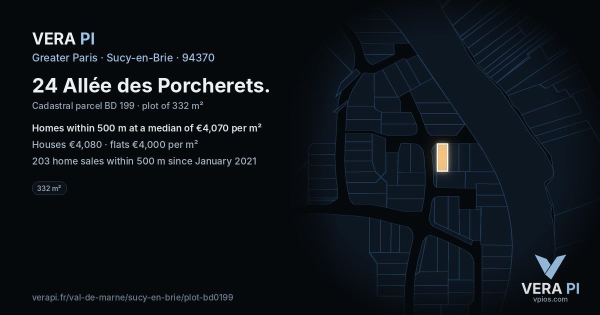 24 Allée des Porcherets, Sucy-en-Brie at night – the plot lit, the parcels around coloured by the prices near them