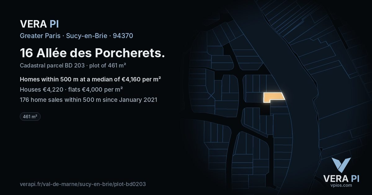 16 Allée des Porcherets, Sucy-en-Brie at night – the plot lit, the parcels around coloured by the prices near them