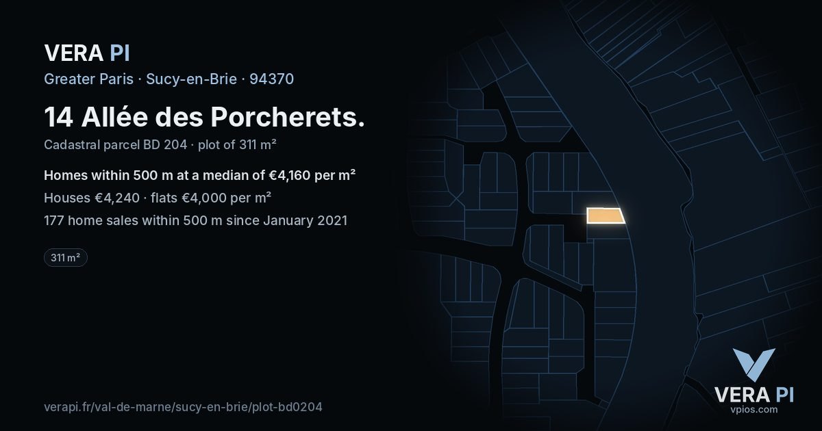 14 Allée des Porcherets, Sucy-en-Brie at night – the plot lit, the parcels around coloured by the prices near them