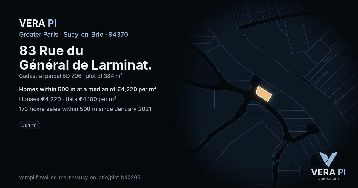 83 Rue du Général de Larminat, Sucy-en-Brie at night – the plot lit, the parcels around coloured by the prices near them