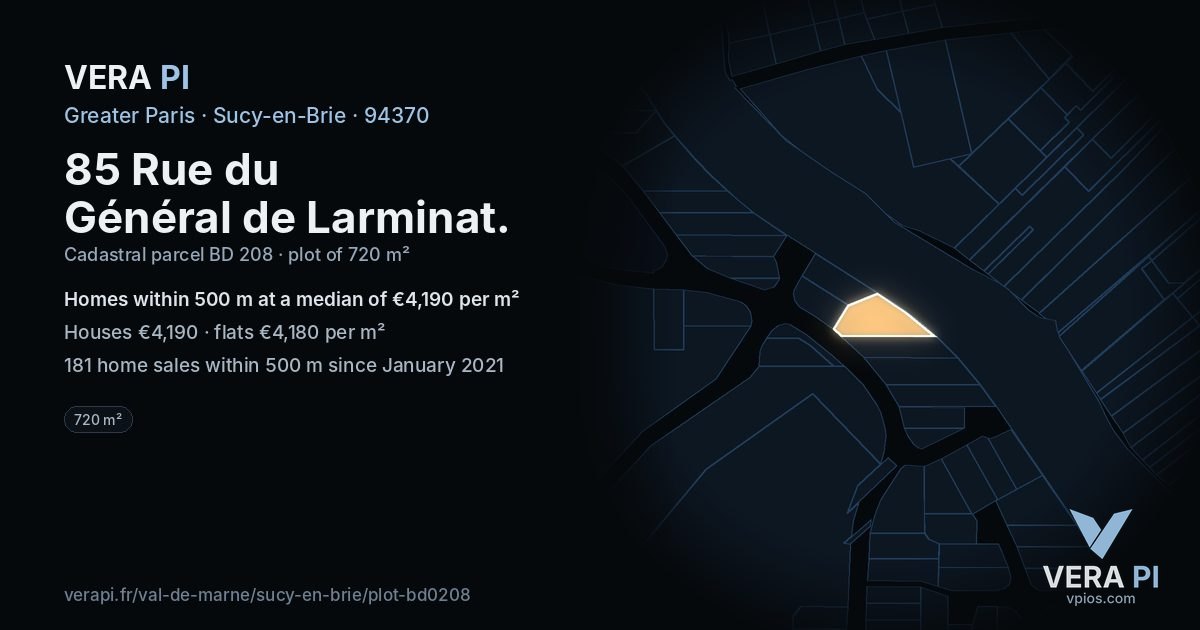 85 Rue du Général de Larminat, Sucy-en-Brie at night – the plot lit, the parcels around coloured by the prices near them