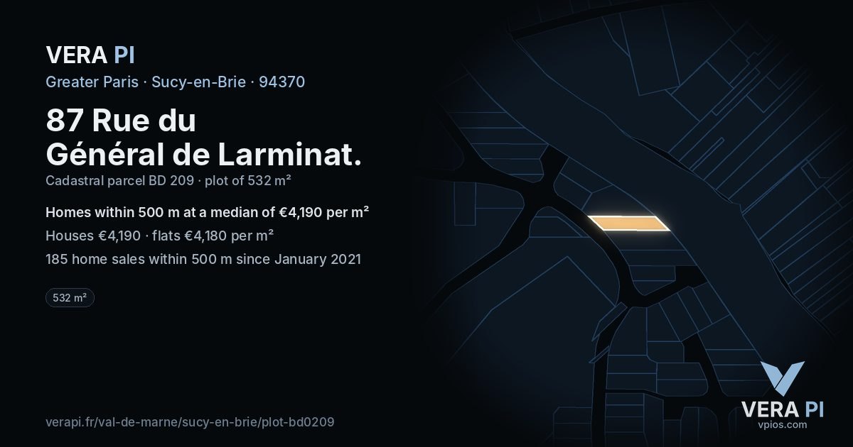 87 Rue du Général de Larminat, Sucy-en-Brie at night – the plot lit, the parcels around coloured by the prices near them