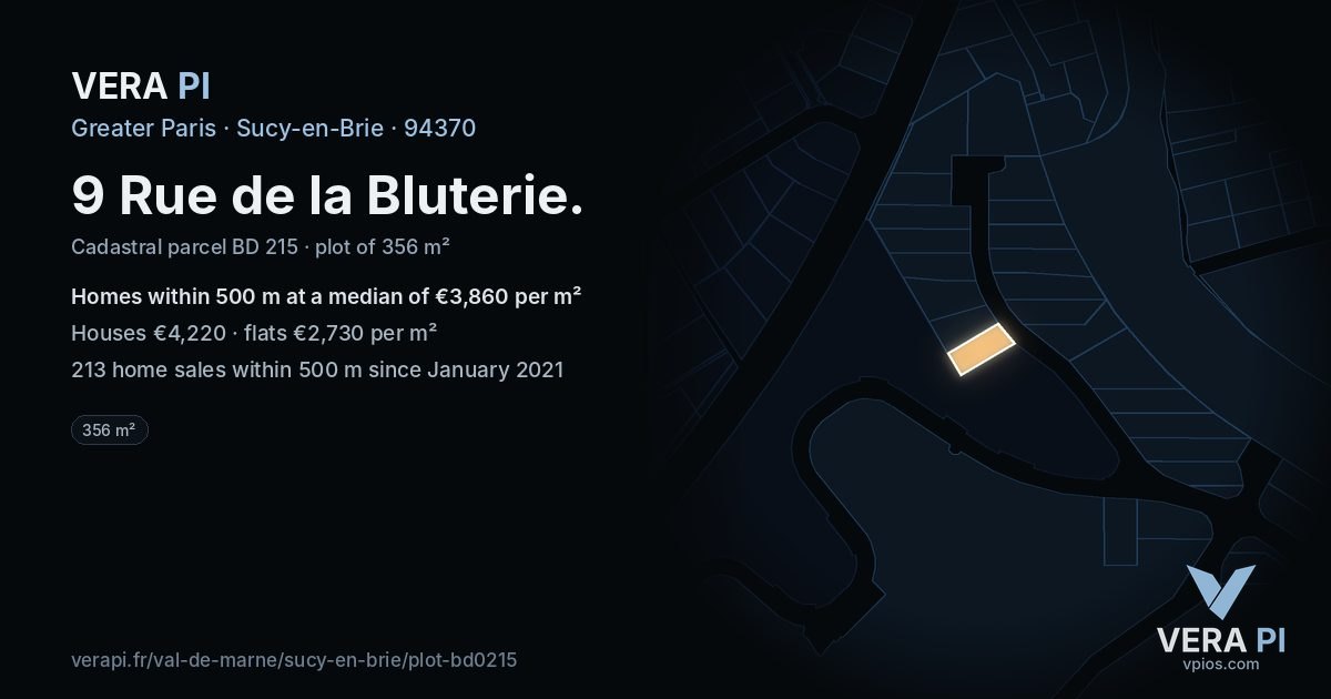 9 Rue de la Bluterie, Sucy-en-Brie at night – the plot lit, the parcels around coloured by the prices near them