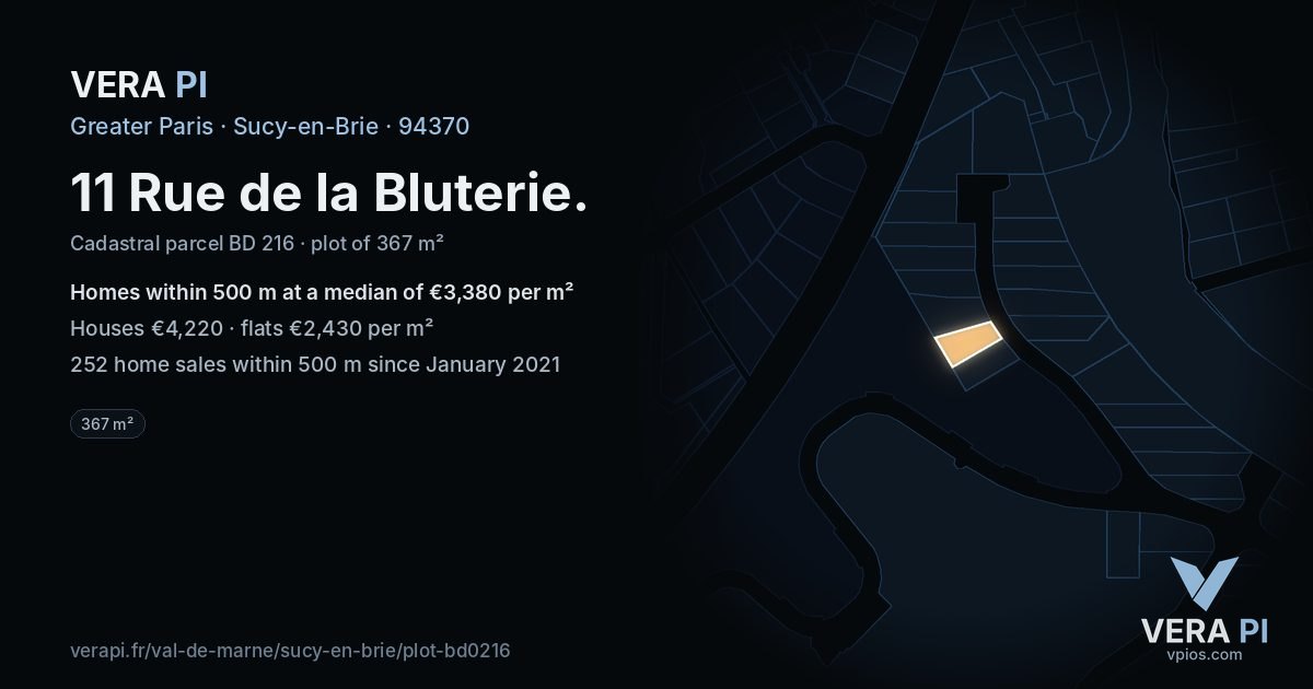 11 Rue de la Bluterie, Sucy-en-Brie at night – the plot lit, the parcels around coloured by the prices near them