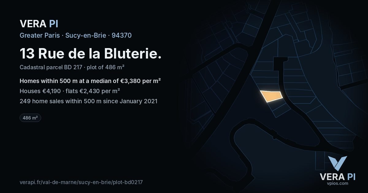 13 Rue de la Bluterie, Sucy-en-Brie at night – the plot lit, the parcels around coloured by the prices near them