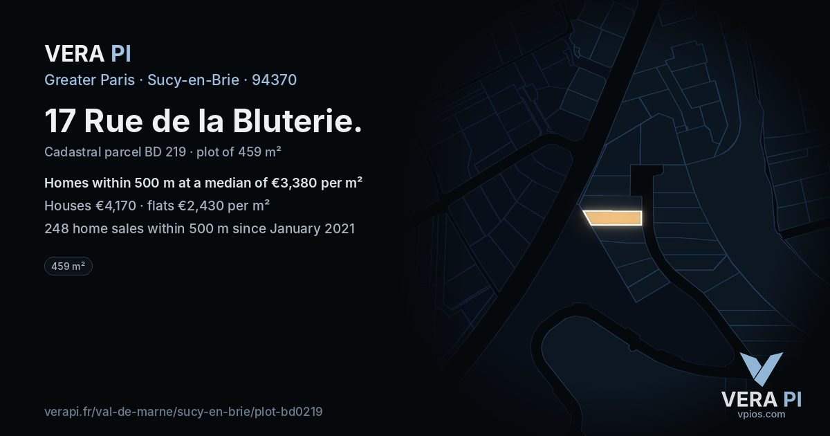 17 Rue de la Bluterie, Sucy-en-Brie at night – the plot lit, the parcels around coloured by the prices near them