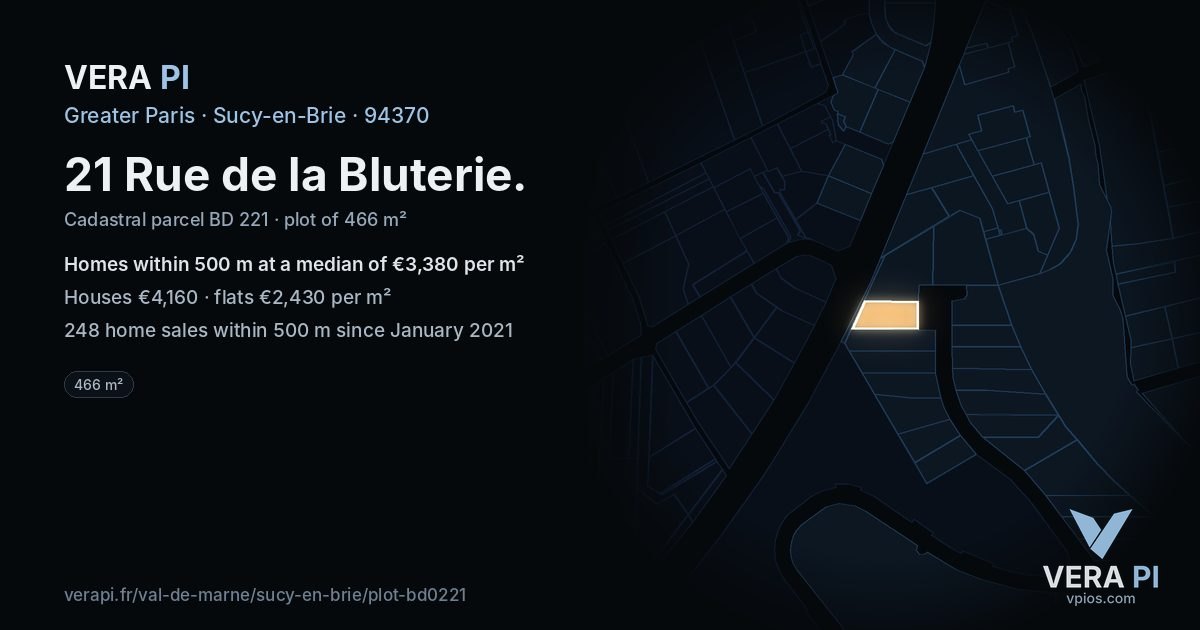 21 Rue de la Bluterie, Sucy-en-Brie at night – the plot lit, the parcels around coloured by the prices near them