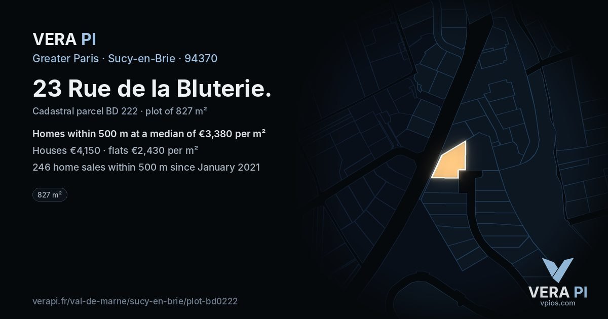 23 Rue de la Bluterie, Sucy-en-Brie at night – the plot lit, the parcels around coloured by the prices near them