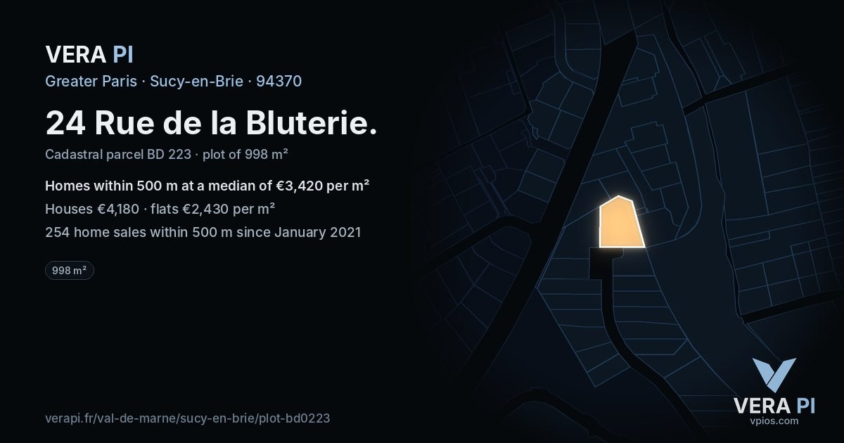 24 Rue de la Bluterie, Sucy-en-Brie at night – the plot lit, the parcels around coloured by the prices near them