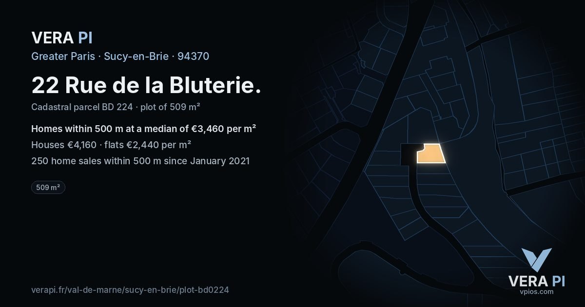 22 Rue de la Bluterie, Sucy-en-Brie at night – the plot lit, the parcels around coloured by the prices near them