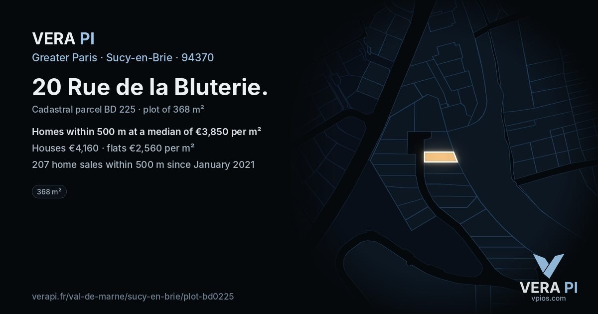20 Rue de la Bluterie, Sucy-en-Brie at night – the plot lit, the parcels around coloured by the prices near them