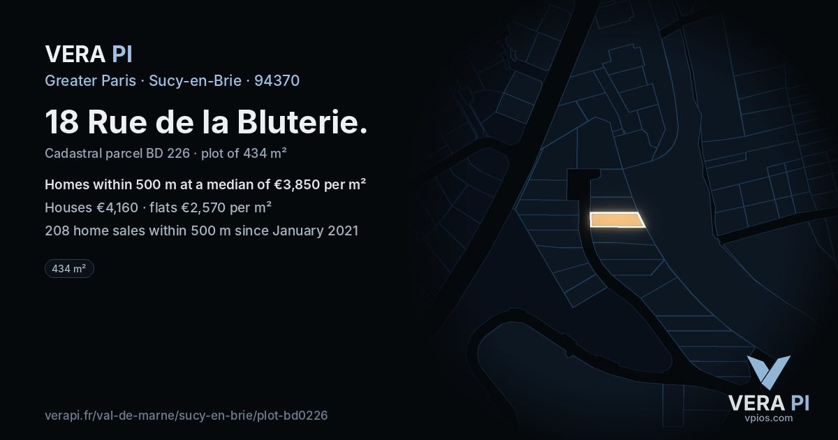 18 Rue de la Bluterie, Sucy-en-Brie at night – the plot lit, the parcels around coloured by the prices near them