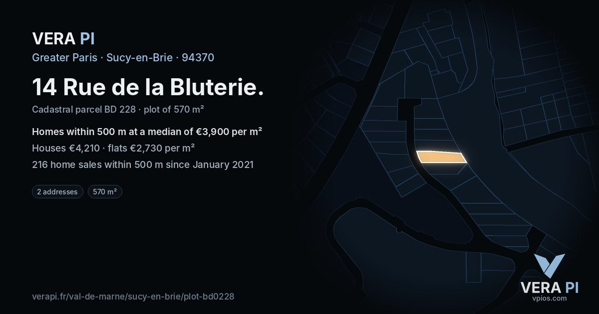 14 Rue de la Bluterie, Sucy-en-Brie at night – the plot lit, the parcels around coloured by the prices near them