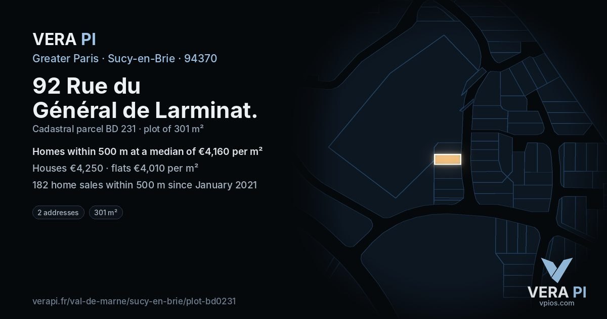 92 Rue du Général de Larminat, Sucy-en-Brie at night – the plot lit, the parcels around coloured by the prices near them