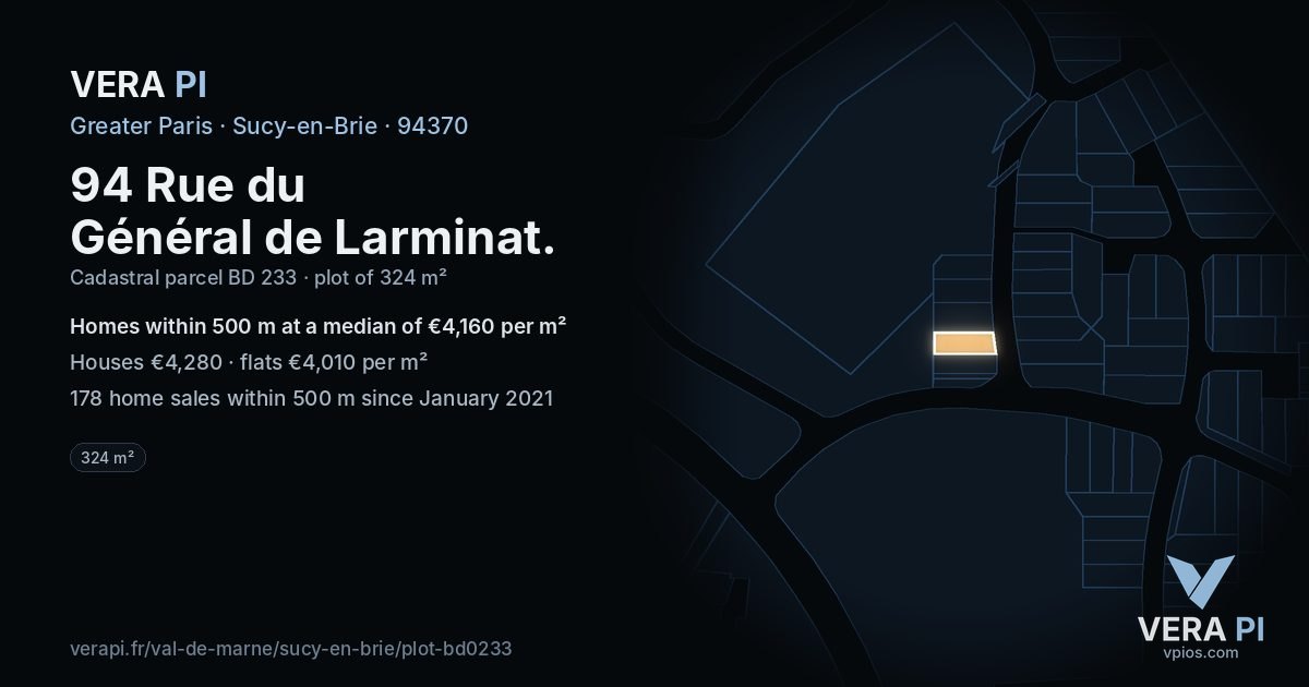 94 Rue du Général de Larminat, Sucy-en-Brie at night – the plot lit, the parcels around coloured by the prices near them