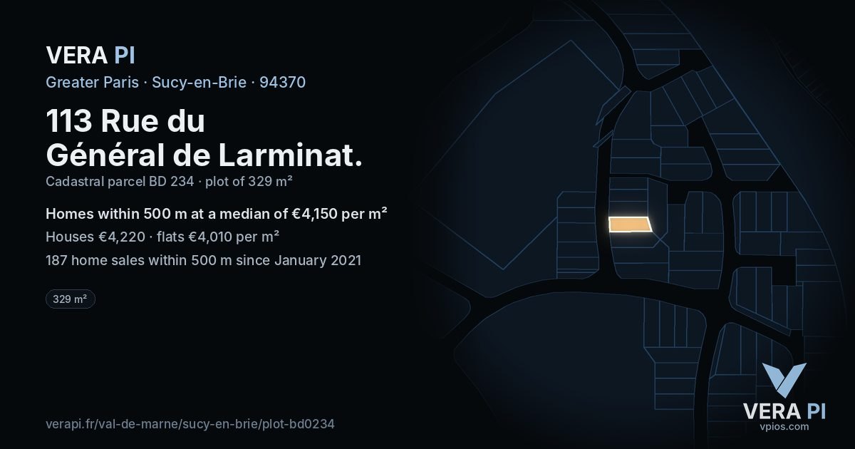 113 Rue du Général de Larminat, Sucy-en-Brie at night – the plot lit, the parcels around coloured by the prices near them