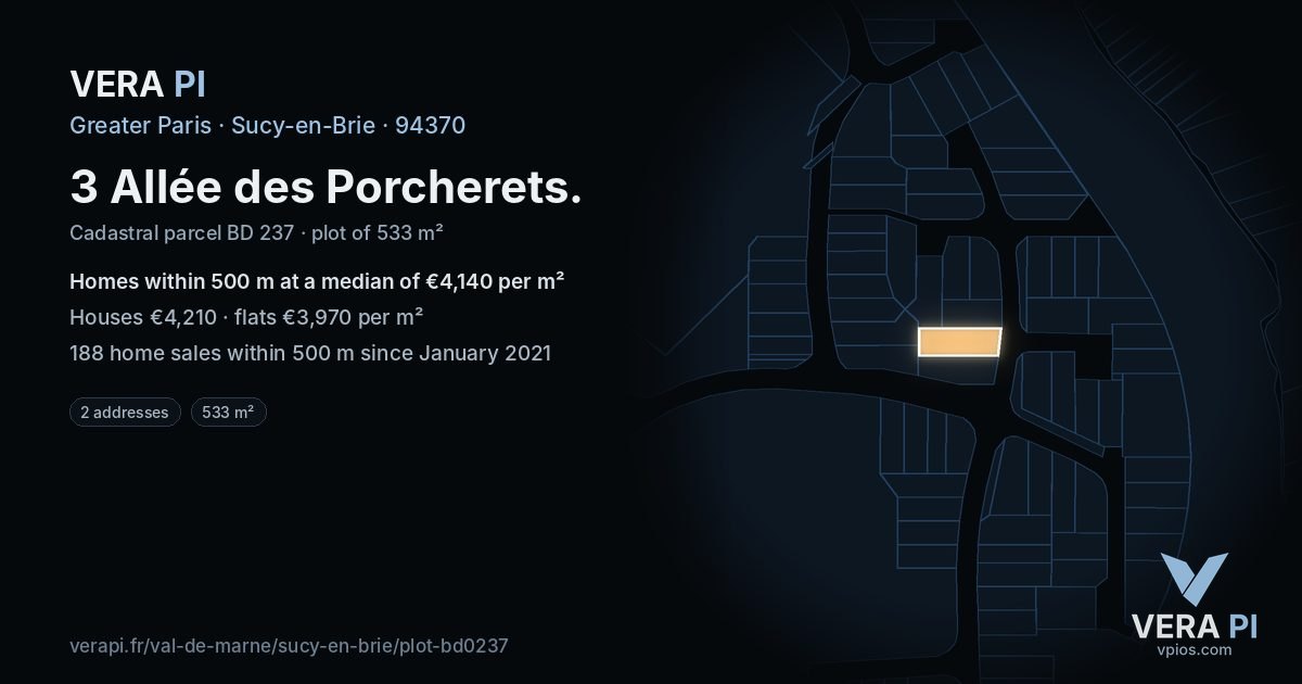 3 Allée des Porcherets, Sucy-en-Brie at night – the plot lit, the parcels around coloured by the prices near them