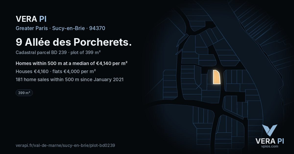 9 Allée des Porcherets, Sucy-en-Brie at night – the plot lit, the parcels around coloured by the prices near them