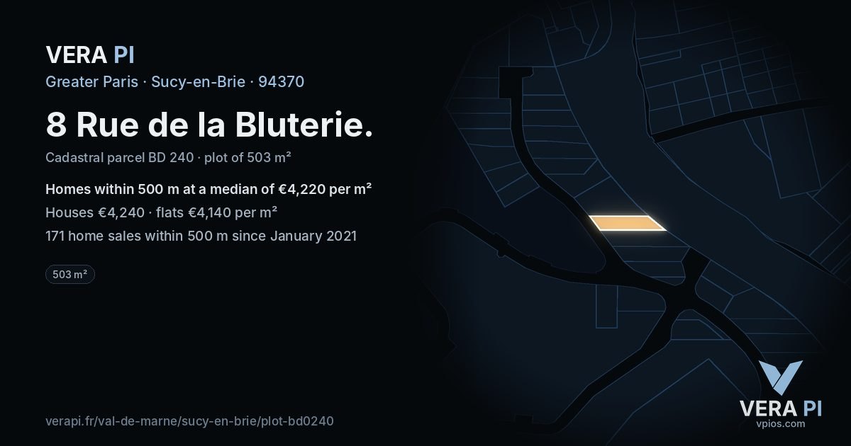 8 Rue de la Bluterie, Sucy-en-Brie at night – the plot lit, the parcels around coloured by the prices near them