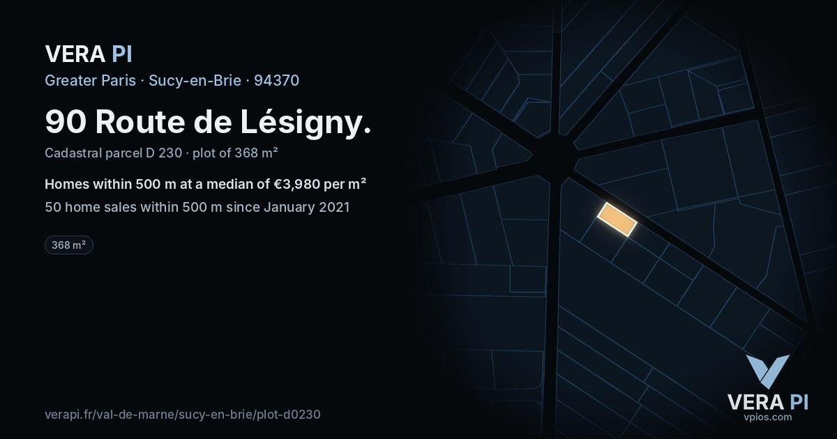90 Route de Lésigny, Sucy-en-Brie at night – the plot lit, the parcels around coloured by the prices near them