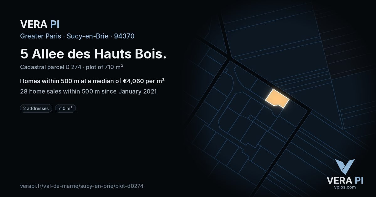 5 Allee des Hauts Bois, Sucy-en-Brie at night – the plot lit, the parcels around coloured by the prices near them