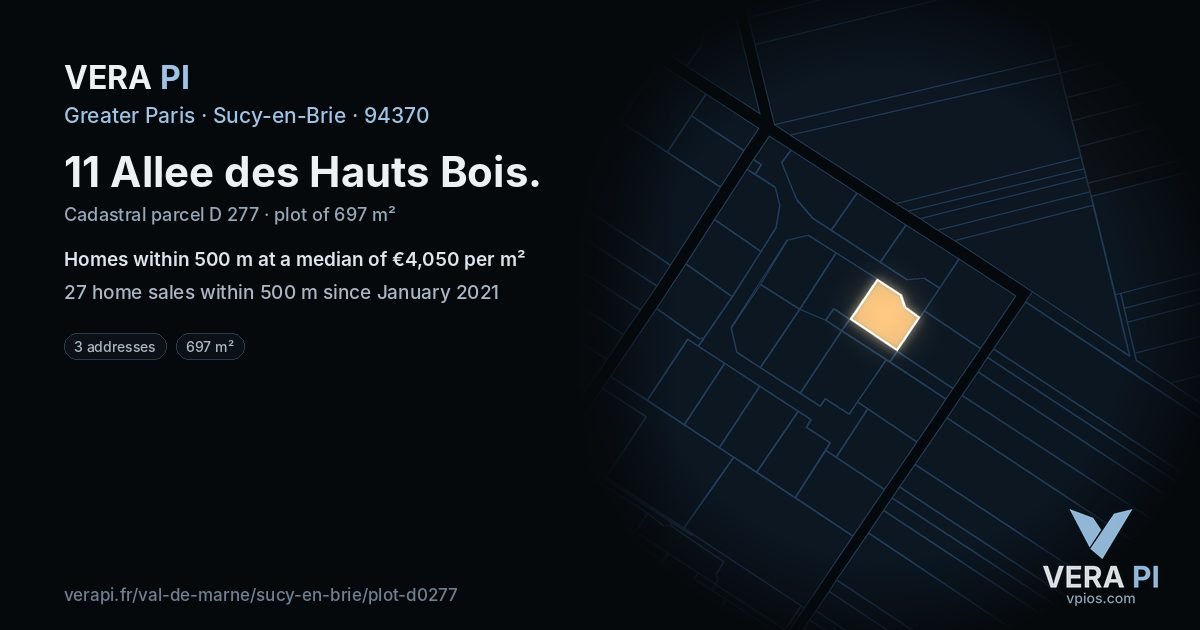 11 Allee des Hauts Bois, Sucy-en-Brie at night – the plot lit, the parcels around coloured by the prices near them