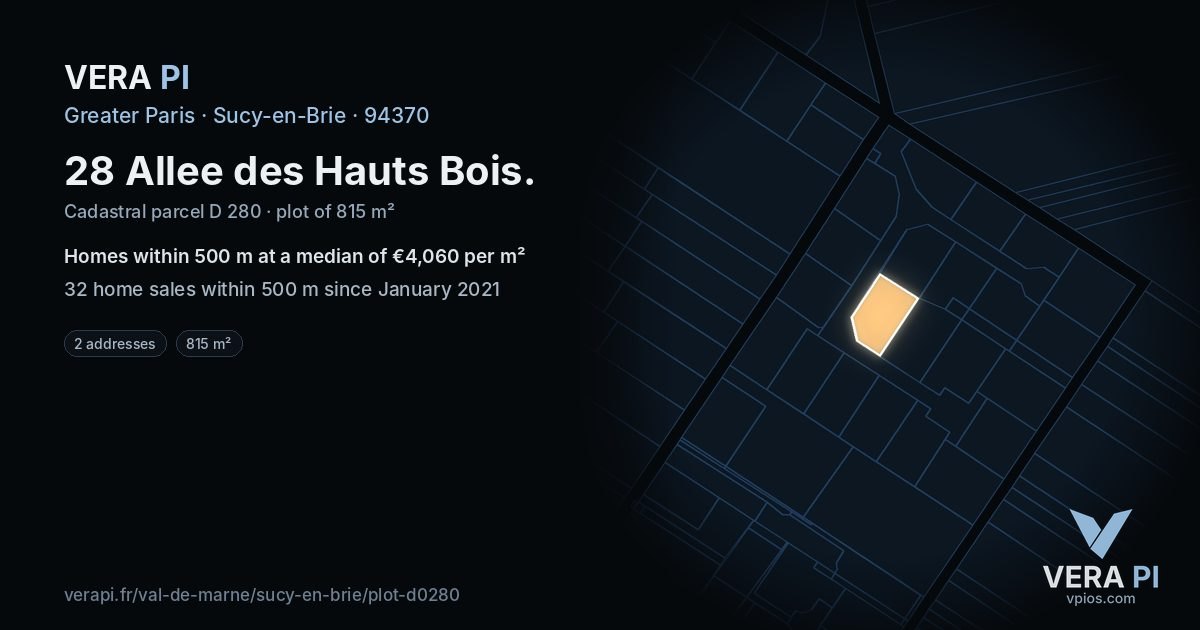 28 Allee des Hauts Bois, Sucy-en-Brie at night – the plot lit, the parcels around coloured by the prices near them